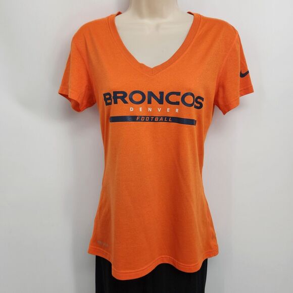Denver Broncos Football T-Shirt Nike NFL Womens Small Short Sleeve V-Neck Orange - Picture 1 of 6